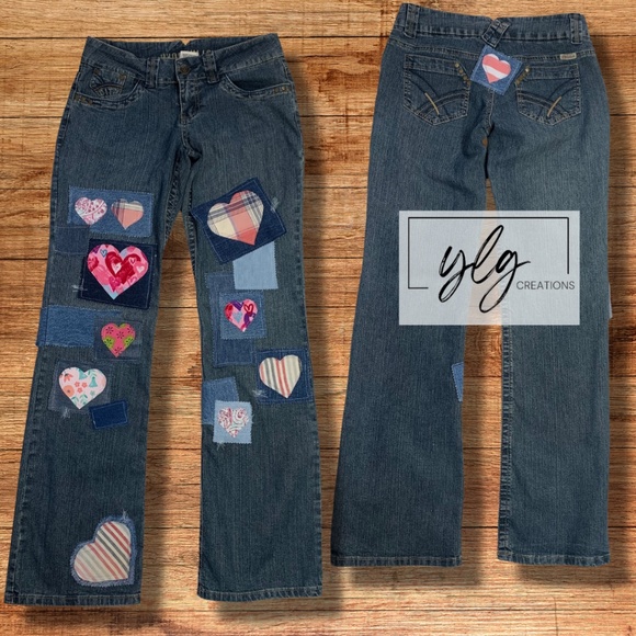 Patched Boho Jeans Pink Hearts Wide Leg Upcycled Denim Womens 4 Hydraulic - Picture 1 of 13